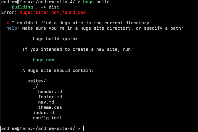 A screenshot of a failure message emitted when hugs build is run in the wrong folder