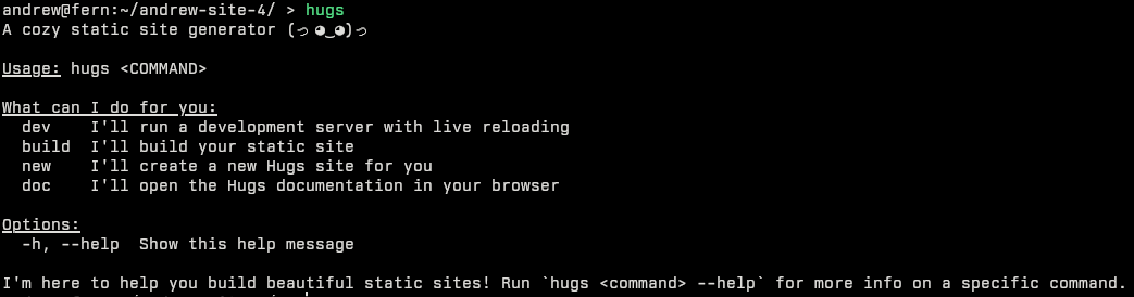 A screenshot of the output of running the hugs command without any arguments