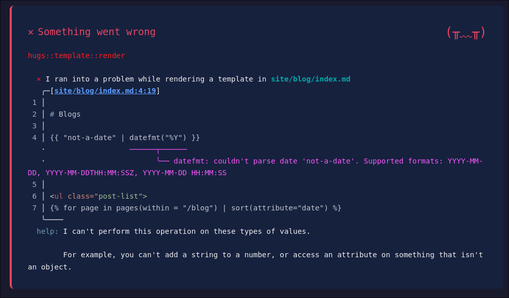 A screenshot of the content in the browser when there is an error with datefmt