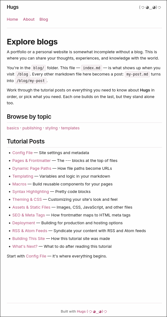 A screenshot of the Hugs documentation blogs page