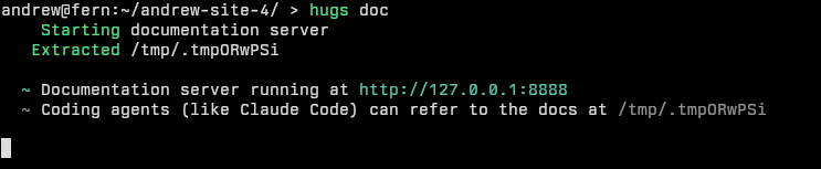A screenshot of the CLI output when running hugs doc