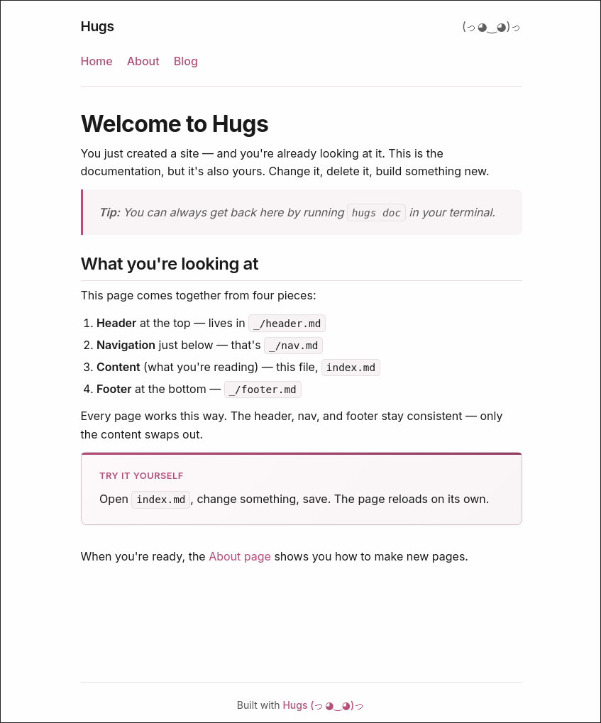 A screenshot of the the Hugs documentation site
