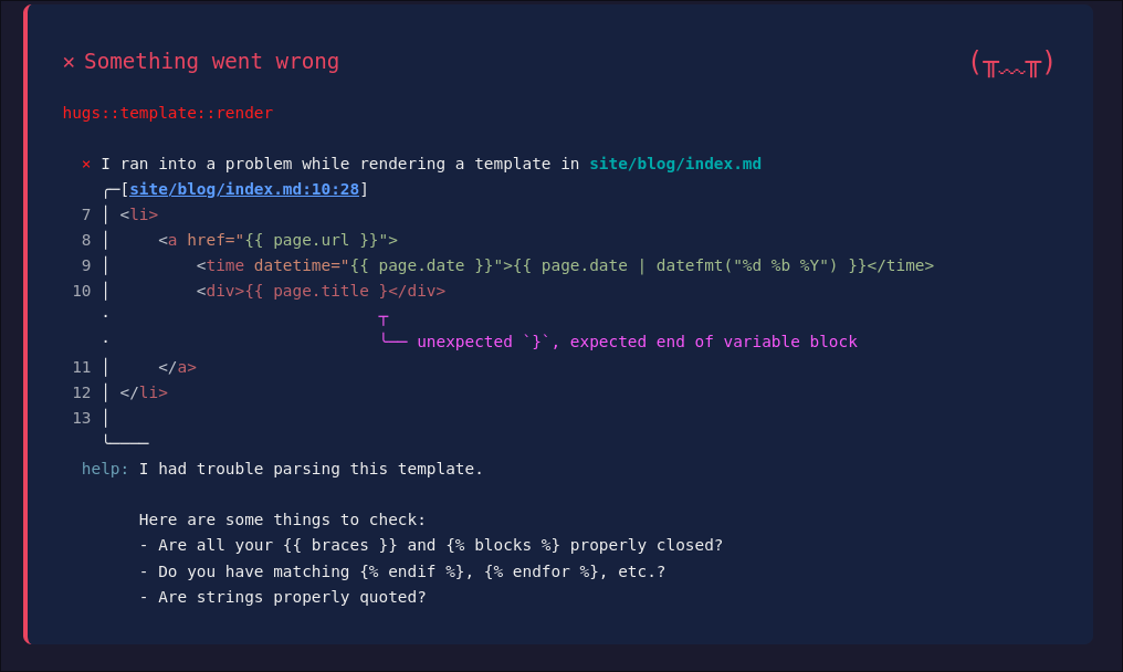A screenshot of the content in the browser when there is a templating error
